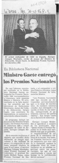 Ministro Gaete entregó los Premios Nacionales  [artículo].