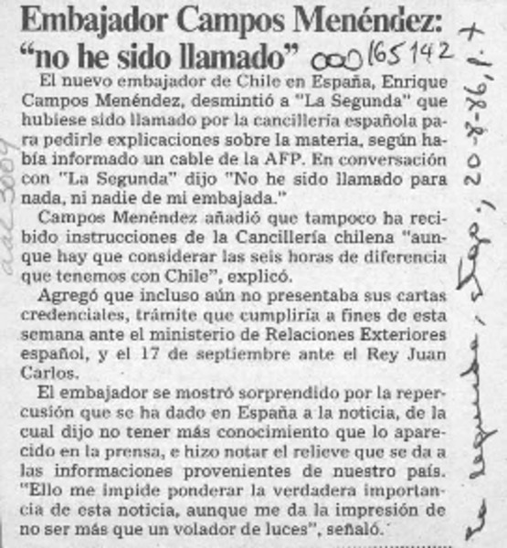 Embajador Campos Menéndez, "No he sido llamado"  [artículo].