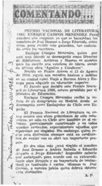 Premio Nacional de Literatura 1986, Enrique Campos Menéndez  [artículo] A. P.