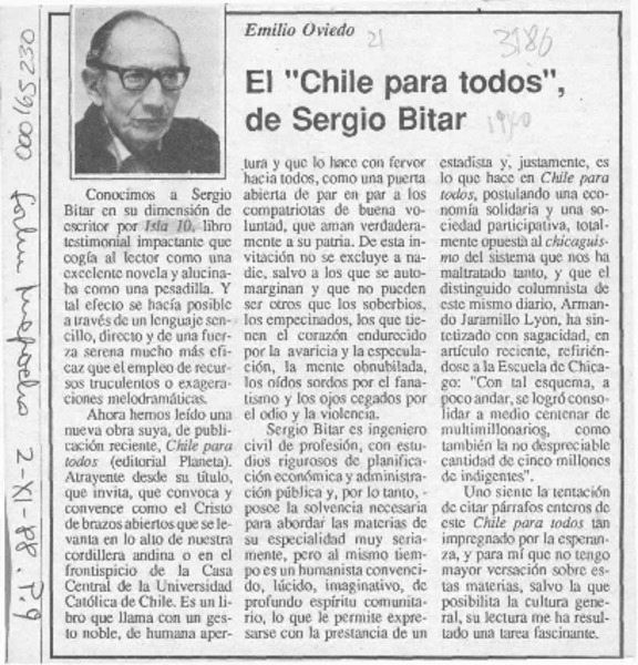 El "Chile para todos", de Sergio Bitar  [artículo] Emilio Oviedo.