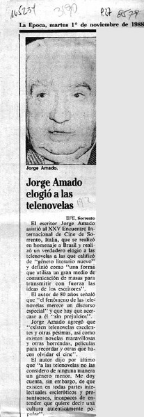 Jorge Amado elogió a las telenovelas  [artículo].