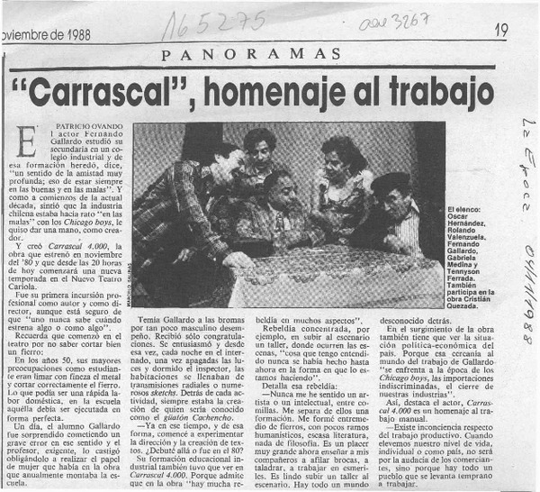 "Carrascal", homenaje al trabajo  [artículo] Patricio Ovando.