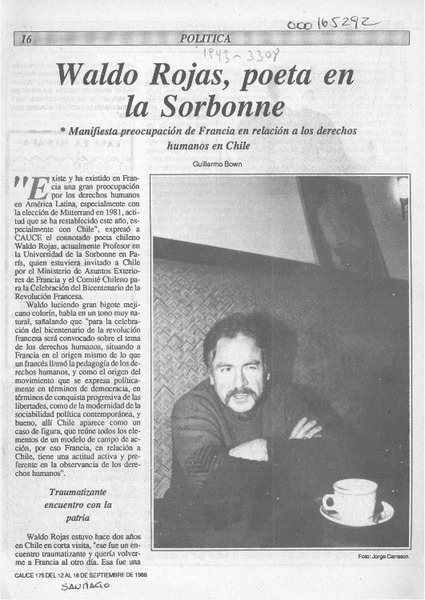 Waldo Rojas, poeta en la Sorbonne  [artículo] Guillermo Bown.