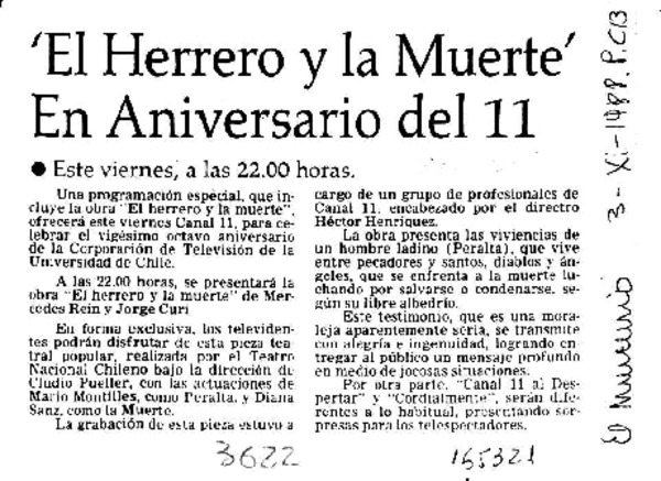 'El Herrero y la muerte' en aniversario del 11  [artículo].