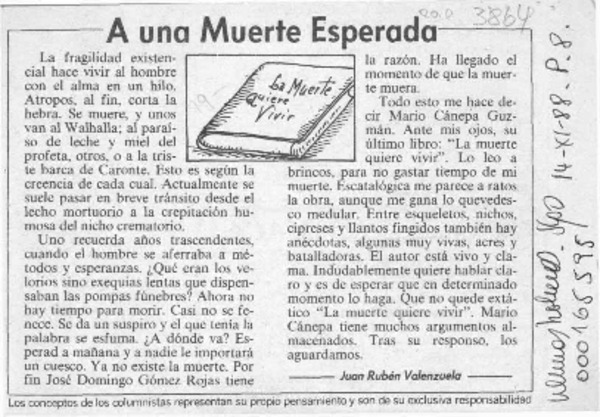 A una muerte esperada  [artículo] Juan Rubén Valenzuela.