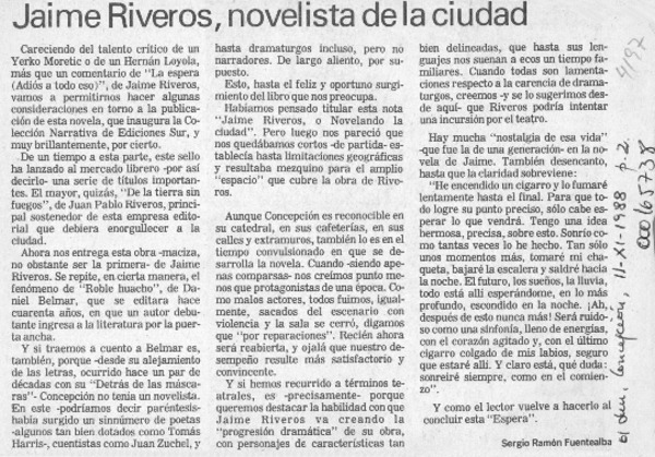Jaime Riveros, novelista de la ciudad  [artículo] Sergio Ramón Fuentealba.