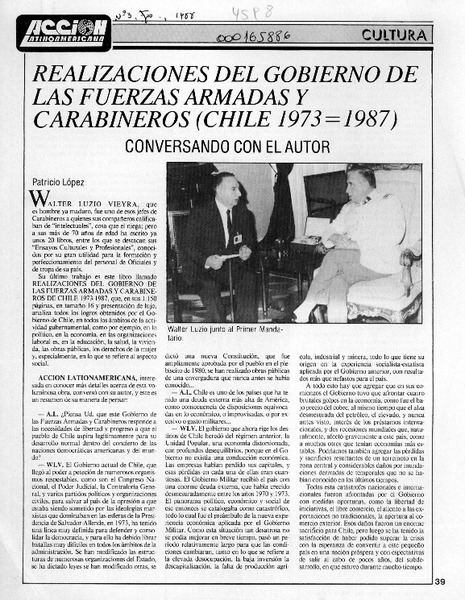Realizaciones del gobierno de las Fuerzas Armadas y Carabineros  [artículo] Patricio López.