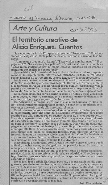 El territorio creativo de Alicia Enríquez, cuentos  [artículo] Ruth Eliana Merino.