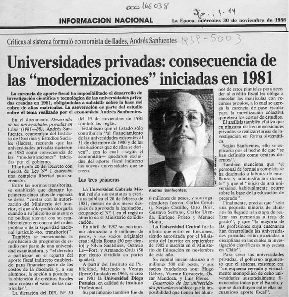 Universidades privadas, consecuencia de las "modernizaciones" iniciadas en 1981  [artículo].