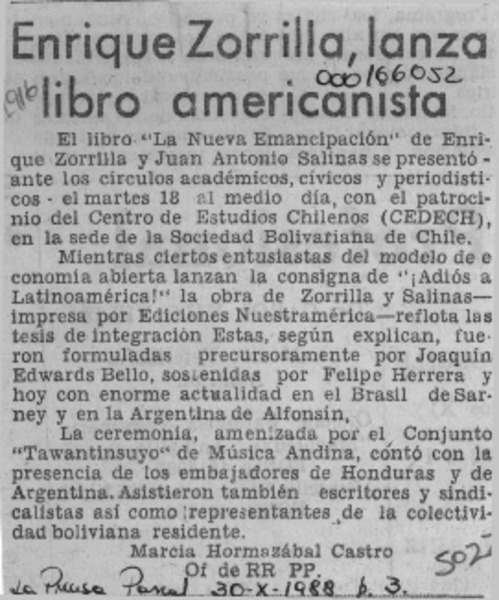 Enrique Zorrilla, lanza libro americanista  [artículo] Marcia Hormazábal Castro.