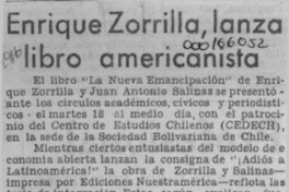 Enrique Zorrilla, lanza libro americanista  [artículo] Marcia Hormazábal Castro.
