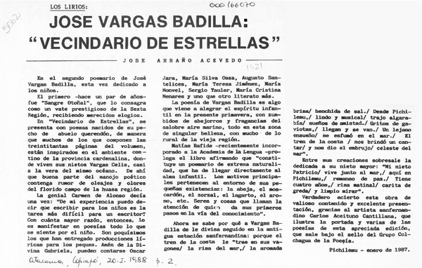 José Vargas Badilla, "Vecindario de estrellas"  [artículo] José Arraño Acevedo.