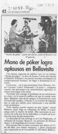 Mano de póker logra aplausos en Bellavista  [artículo].