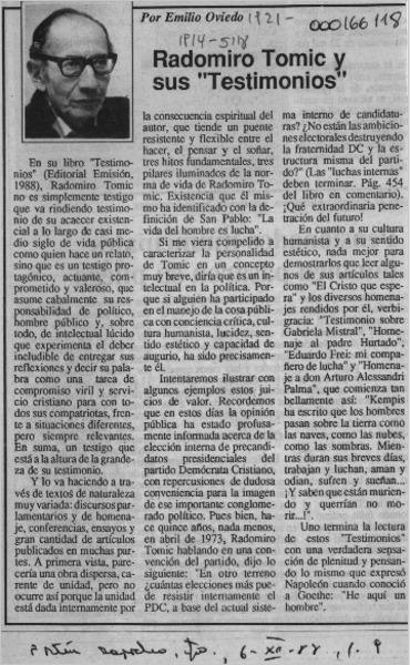 Radomiro Tomic y sus "Testimonios"  [artículo] Emilio Oviedo.