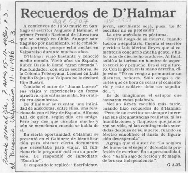 Recuerdos de D'Halmar  [artículo] G. A. M.