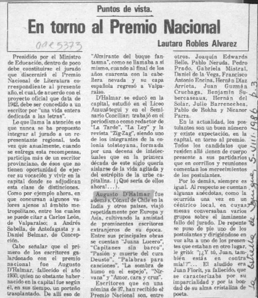 En torno al Premio Nacional  [artículo] Lautaro Robles Alvarez.