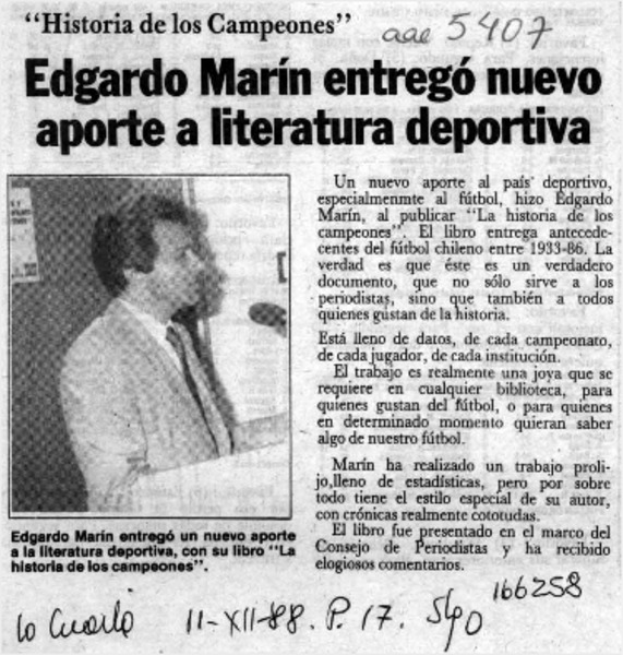 Edgardo Marín entregó nuevo aporte a literatura deportiva  [artículo].