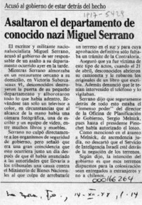Asaltaron el departamento de conocido nazi Miguel Serrano  [artículo].