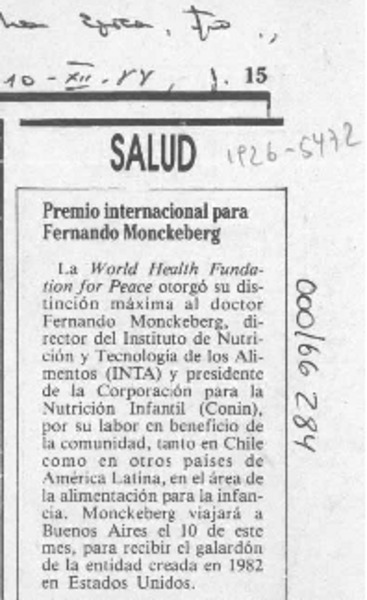 Premio internacional para Fernando Monckeberg  [artículo].