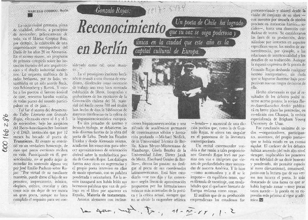 Reconocimiento en Berlín  [artículo] Marcelo Coddou.