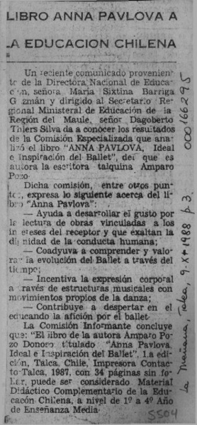 Libro Anna Pavlova a la educación chilena  [artículo].