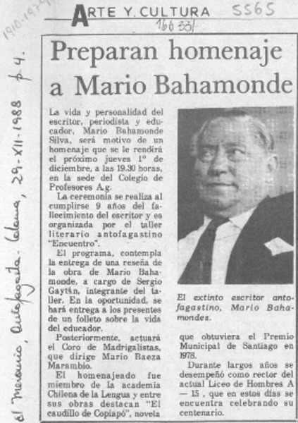 Preparan homenaje a Mario Bahamonde  [artículo].