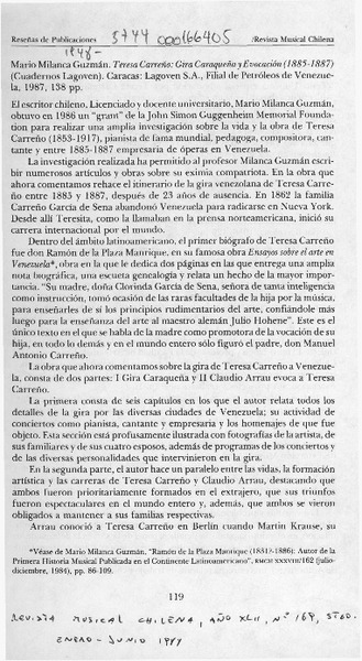 Teresa Carreño, gira caraqueña y evocación (1885-1887)  [artículo] Magdalena Vicuña.