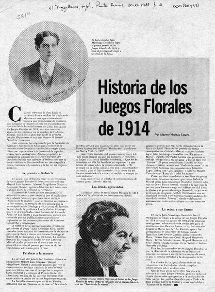 Historia de los Juegos Florales de 1914  [artículo] Marino Muñoz Lagos.