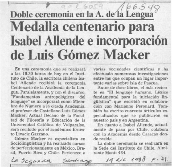 Medalla centenario para Isabel Allende e incorporación de Luis Gómez Macker  [artículo].
