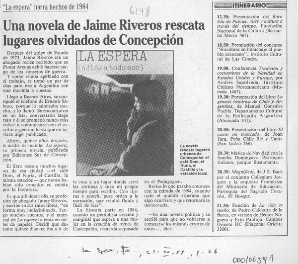 Una Novela de Jaime Riveros rescata lugares olvidados de Concepción  [artículo].