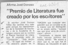 Afirma José Donoso "Premio de Literatura fue creado por los escritores"  [artículo].