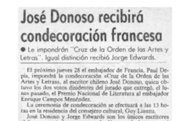 José Donoso recibirá condecoración francesa  [artículo].