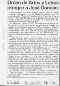 Orden de Artes y Letras otorgan a José Donoso  [artículo].