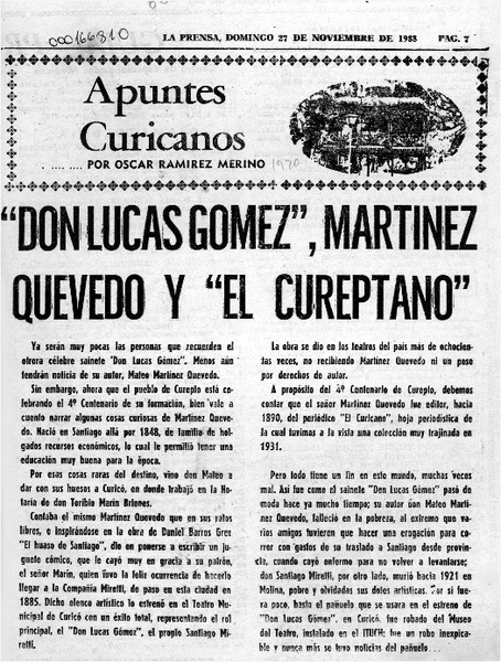"Don Lucas Gómez", Martínez Quevedo y "El Cureptano"  [artículo] Oscar Ramírez Merino.