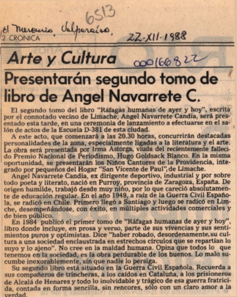 Presentarán segundo tomo de libro de Angel Navarrete C.  [artículo].
