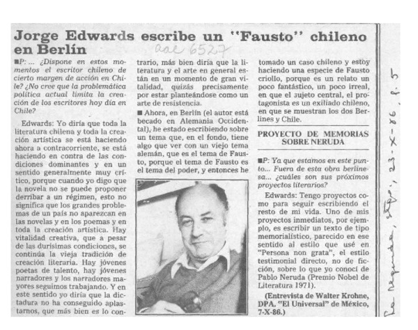 Jorge Edwards escribe un "Fausto" chileno en Berlín  [artículo] Walter Krohne.
