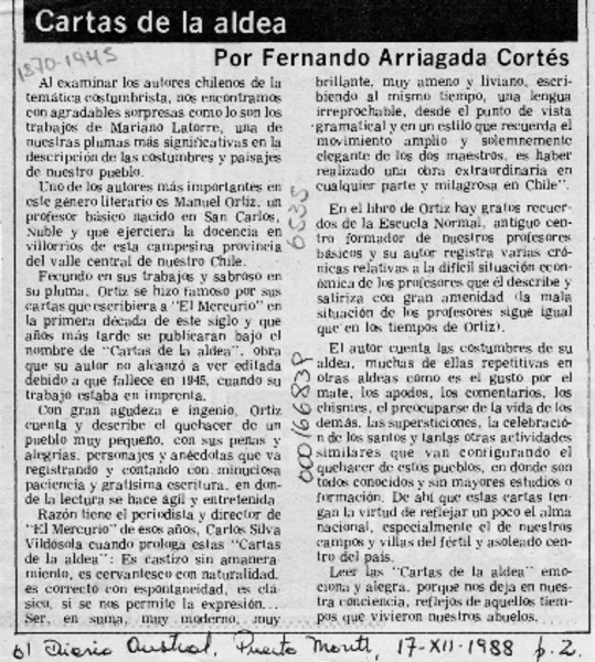 Cartas de la aldea  [artículo] Fernando Arriagada Cortés.