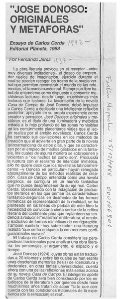 "José Donoso, originales y metáforas"  [artículo] Fernando Jerez.