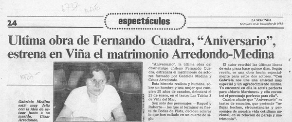 Ultima obra de Fernando Cuadra, "Aniversario", estrena en Viña el matrimonio Arredondo-Medina