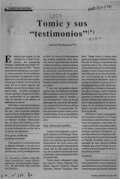 Tomic y sus "Testimonios"  [artículo] Aniceto Rodríguez.