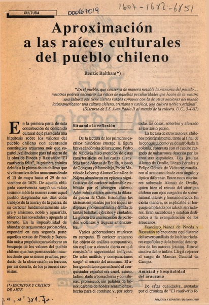 Aproximación a las raíces culturales del pueblo chileno  [artículo] Renzis Balthan.