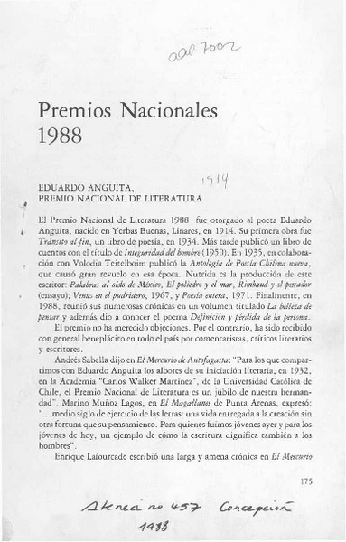 Premios Nacionales 1988  [artículo].