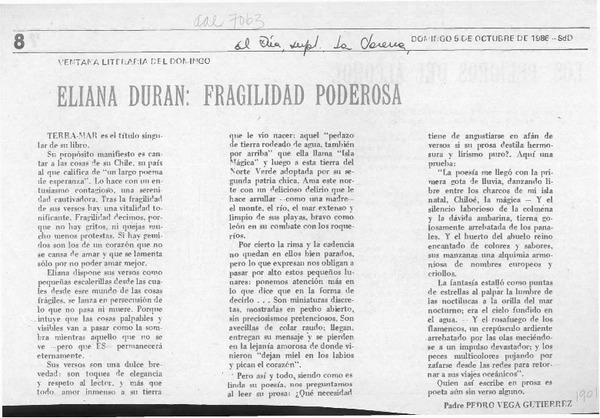 Eliana Durán, fragilidad poderosa  [artículo] Pedro Vega Gutiérrez.