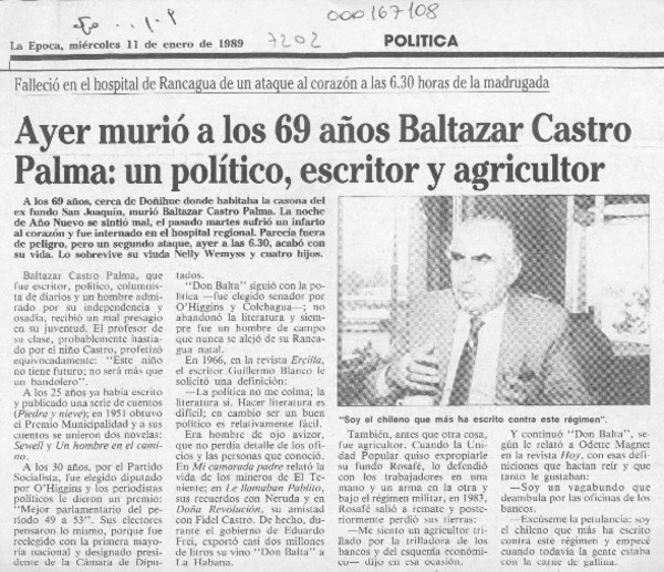 Ayer murió a los 69 años Baltazar Castro Palma, un político, escritor y agricultor  [artículo].