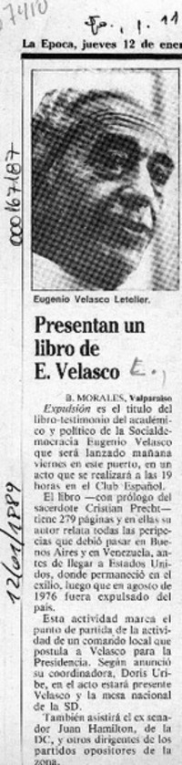 Presentan un libro de E. Velasco  [artículo] B. Morales.