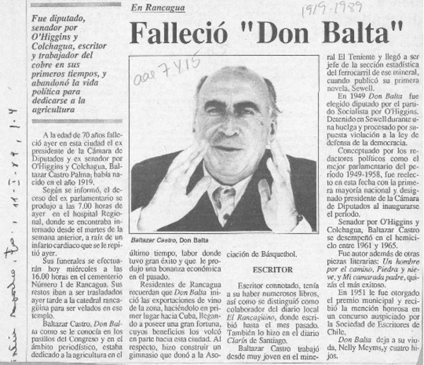 Falleció "Don Balta"  [artículo].