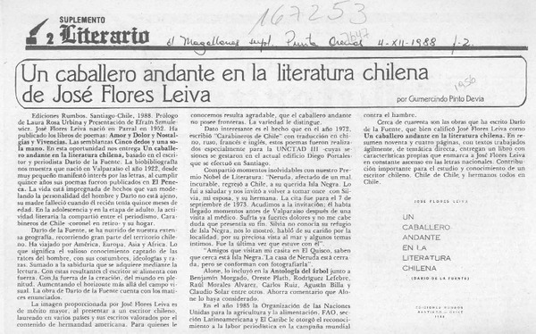 Un caballero andante en la literatura chilena, de José Flores Leiva  [artículo] Gumercindo Pinto Devia.