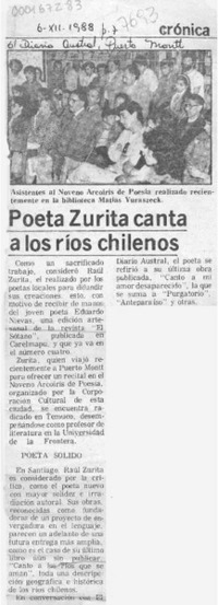 Poeta Zurita canta a los ríos chilenos  [artículo].
