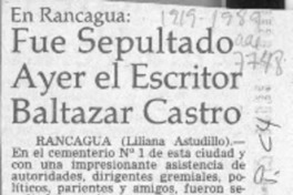 Fue sepultado ayer el escritor Baltazar Castro  [artículo].