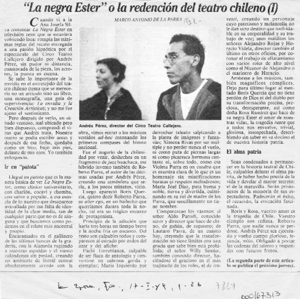 "La negra Ester" o la redención del teatro chileno  [artículo] Marco Antonio de la Parra.